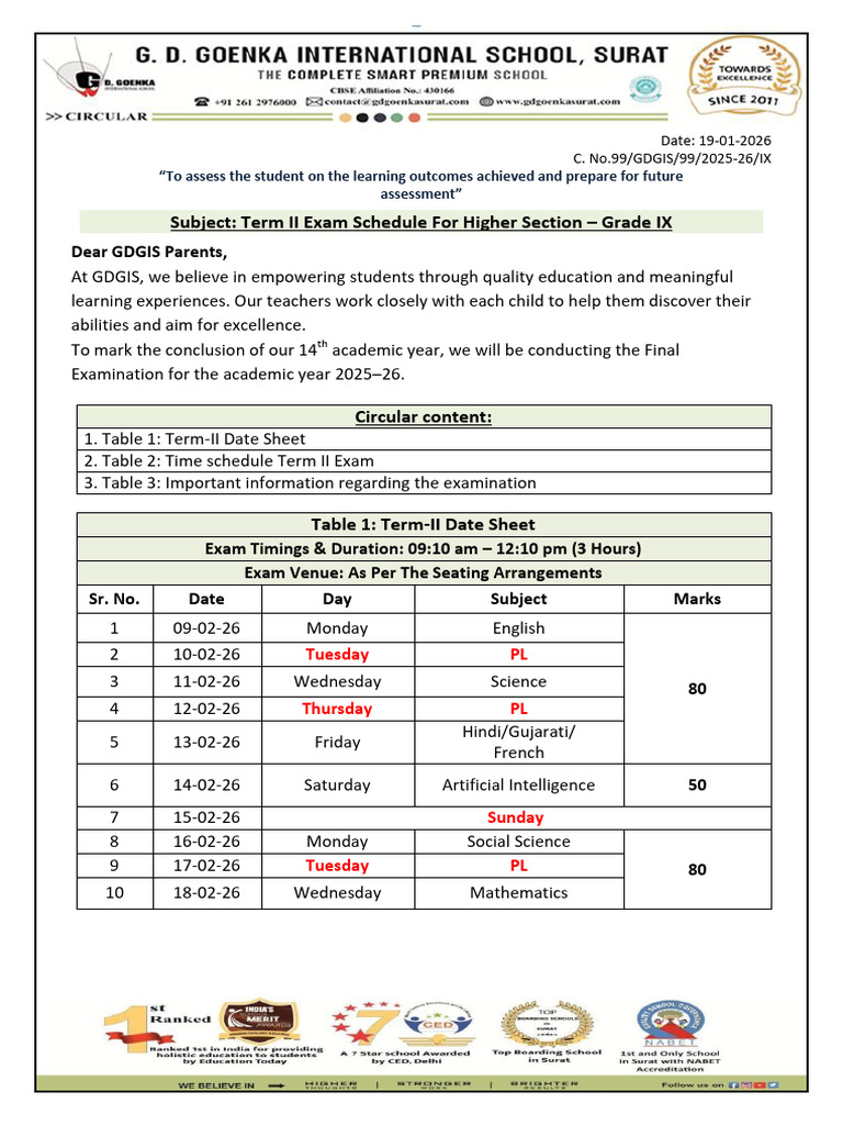 99. Date Sheet Term II - Ix | PDF