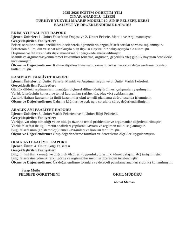 Felsefe Maarif Modeli Aylik Raporlari | PDF