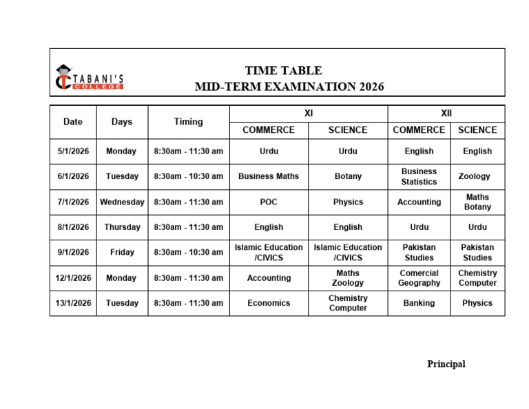 Time Table MID Term 2026 | PDF