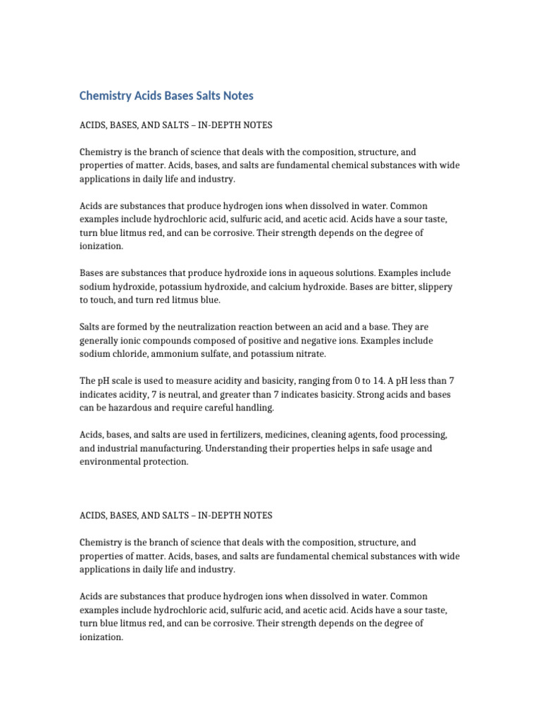 Chemistry Acids Bases Salts Notes (1) | PDF | Acid | Salt (Chemistry)