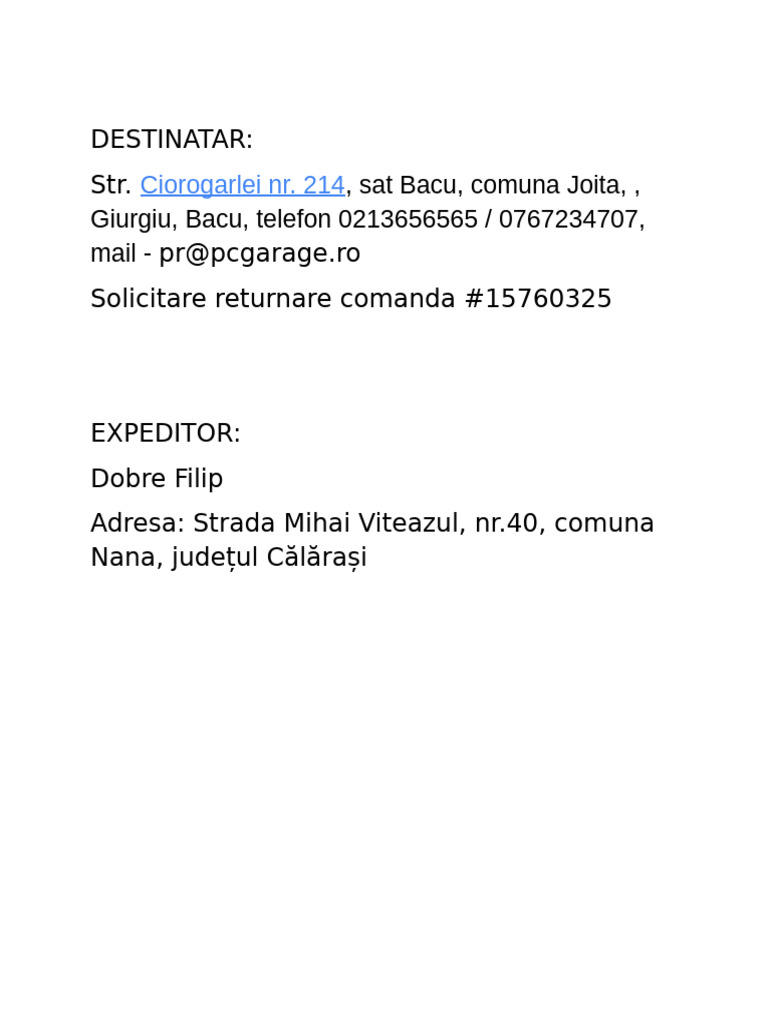 Ciorogarlei Nr. 214: Destinatar: Str. Pr@pcgarage - Ro Solicitare ...