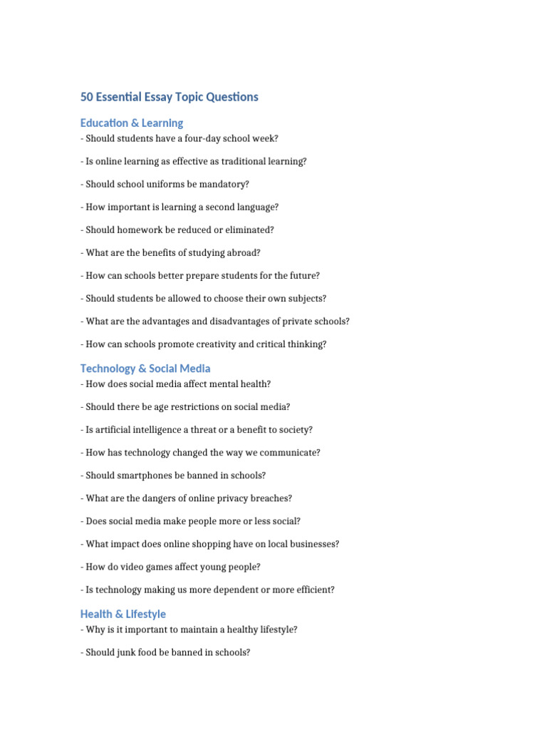 50 Essential Essay Topics | PDF | Climate Change | Natural Environment