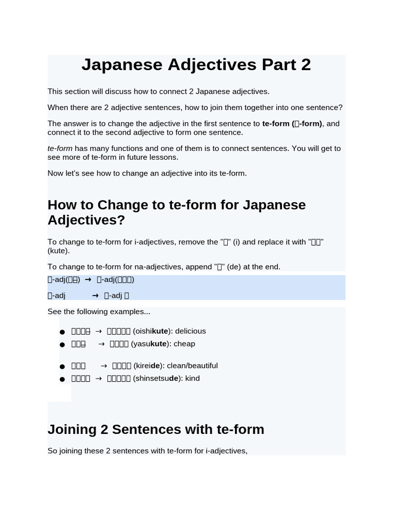 Japanese Adjectives Part 2 | PDF | Linguistic Typology | Linguistic ...