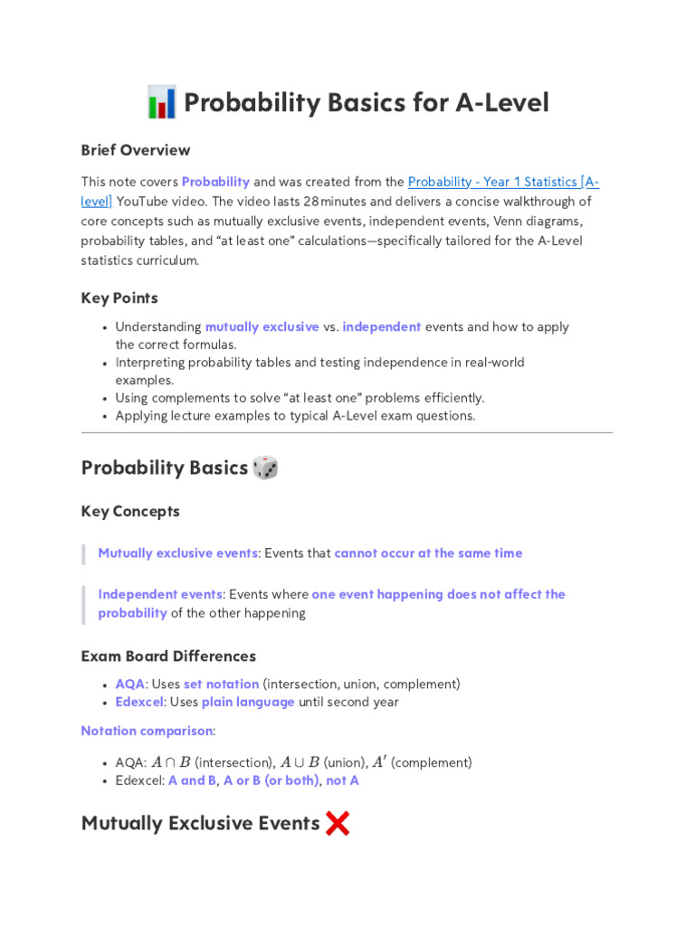 Probability - Year 1 Statistics (A-Level) | PDF | Probability | Mathematics