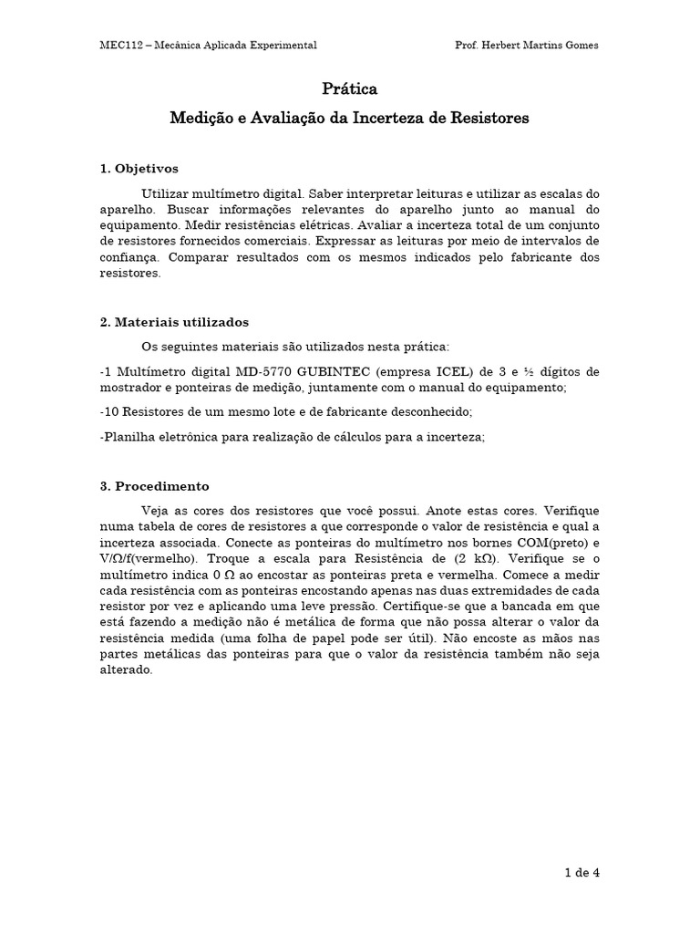 1.prática Medição Da Incerteza de Resistores | PDF