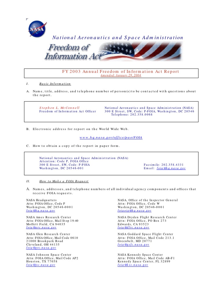 NASA 2003 FOIA Annual Report Summary | PDF | Freedom Of Information Act ...