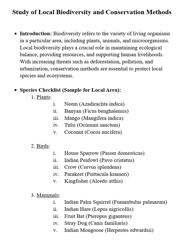 Study of Local Biodiversity and Conservation Methods | PDF ...