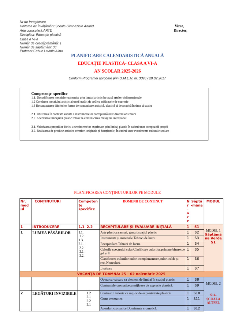 Planificare Pe Module Clasa Avia .Educatie Plastica Cebuc L | PDF