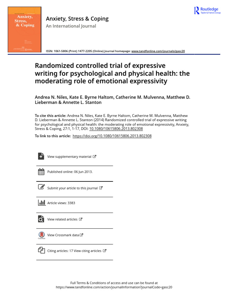 Randomized Controlled Trial of Expressive Writing For Psychological and ...