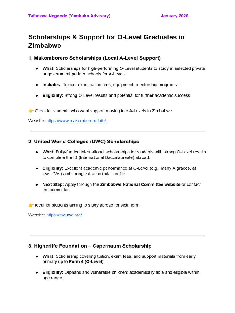 O-Level Scholarships For Further Studies - Tafadzwa Negonde | PDF ...