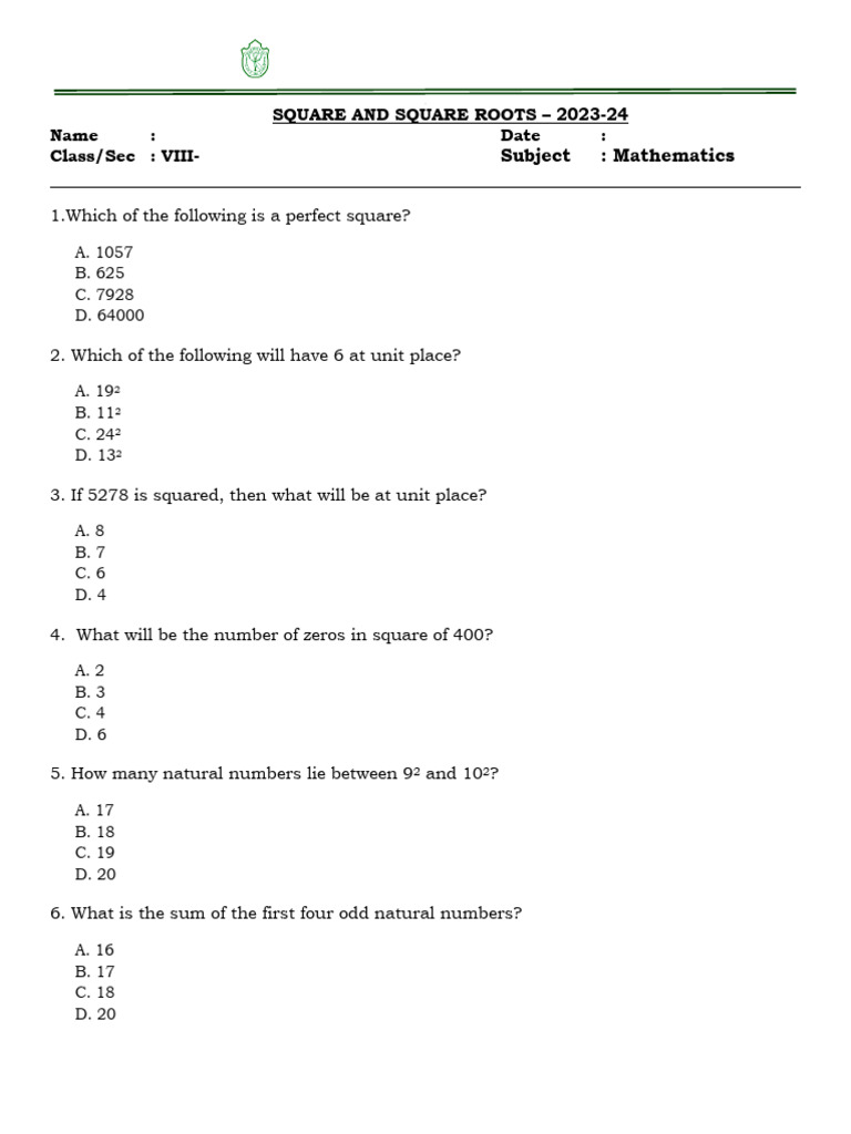 853358904 Cl 8 Math WS Square and Square Roots | PDF | Mathematical ...