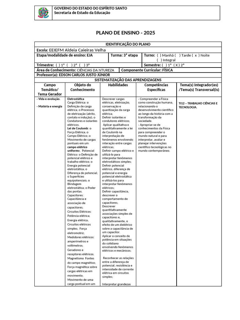 Plano de Ensino 3 Etapa 2 Semestre Física | PDF | Eletricidade | Magnetismo