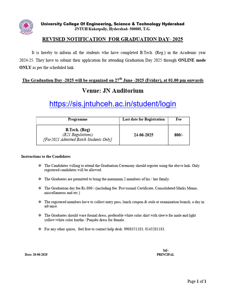 Venue: JN Auditorium: Revised Notification For Graduation Day-2025 | PDF