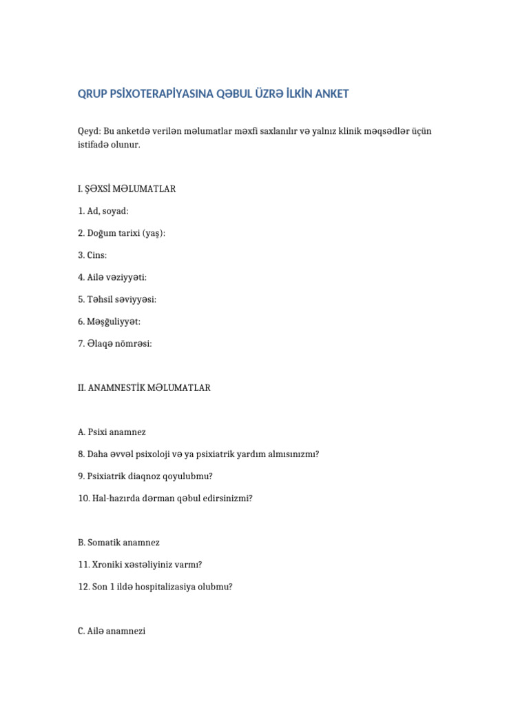 Qrup Terapiyasi Anket Azerbaycan | PDF