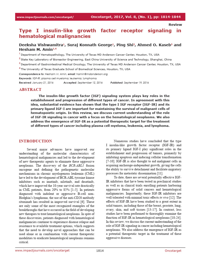 Type I insulin-like growth factor receptor signaling in hematological ...