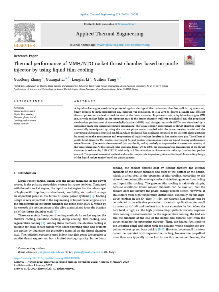 Thermal Performance of MMH NTO Rocket Thrust Chamber Based in Pintl ...