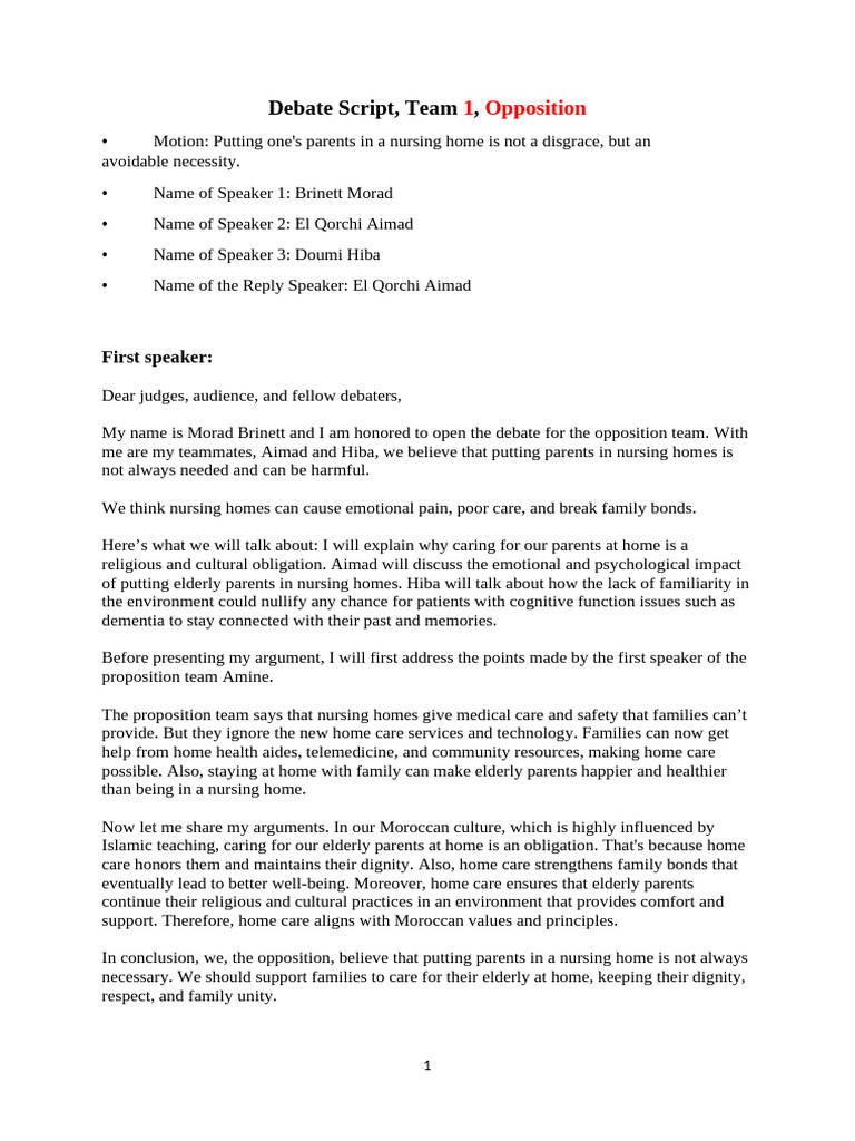 Debate Script, Team 1, Opposition Group B | PDF | Loneliness | Old Age