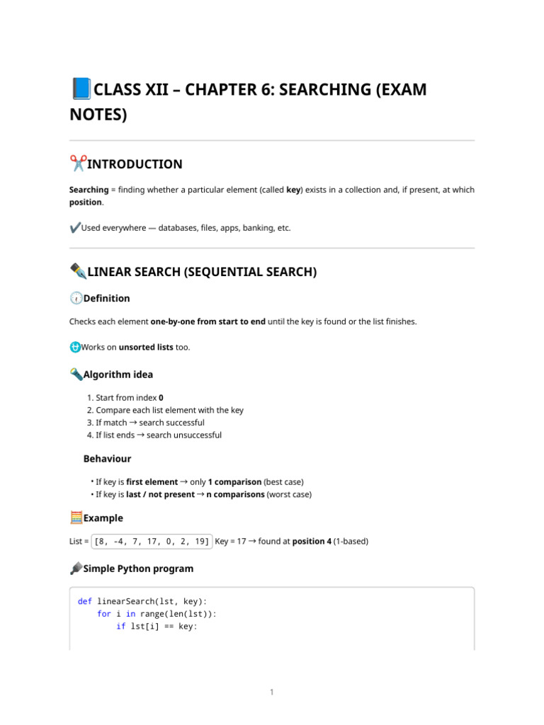 Class Xii - Chapter 6 Searching - Exam Notes | PDF | Computer Data ...