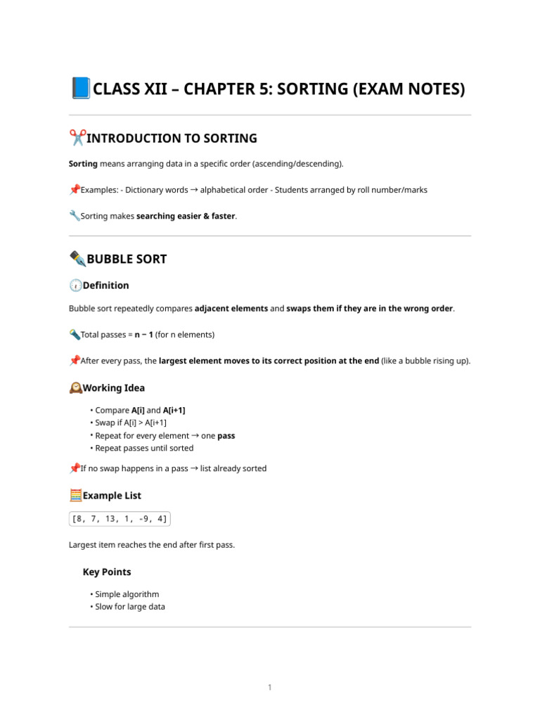 Class Xii - Chapter 5 Sorting - Exam Notes | PDF | Time Complexity ...
