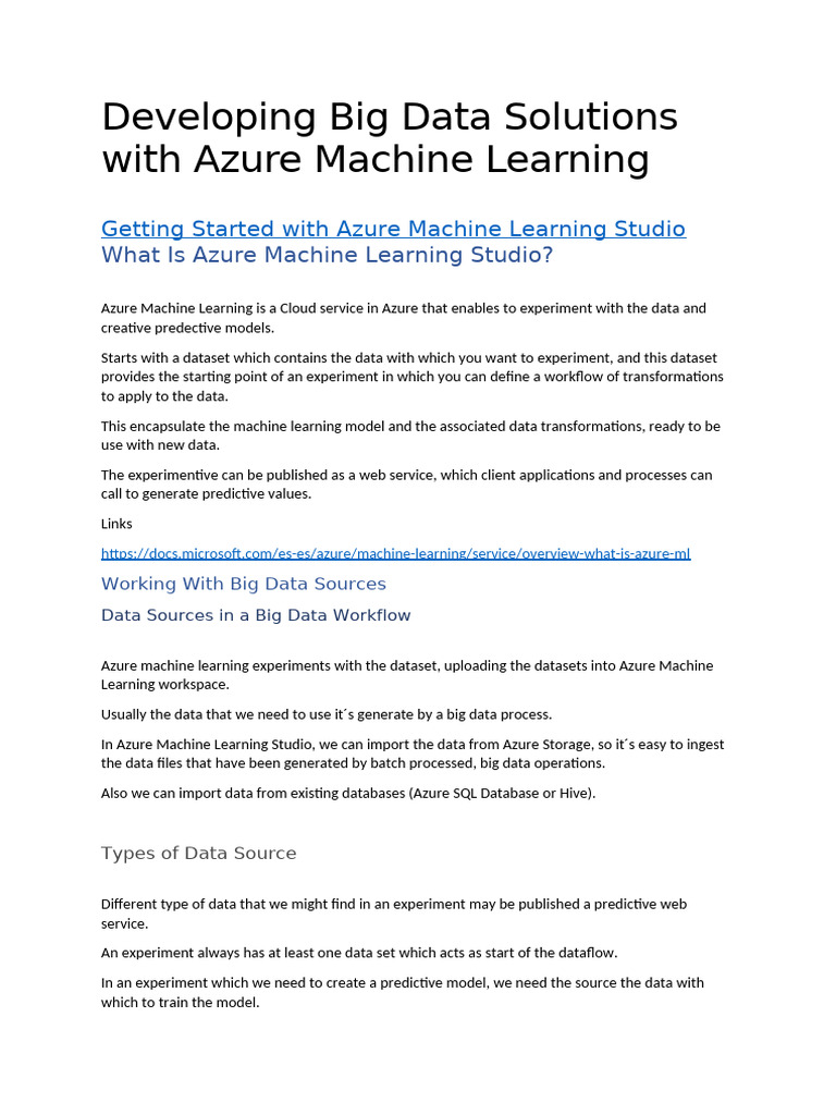 Developing Big Data Solutions With Azure Machine Learning | PDF ...