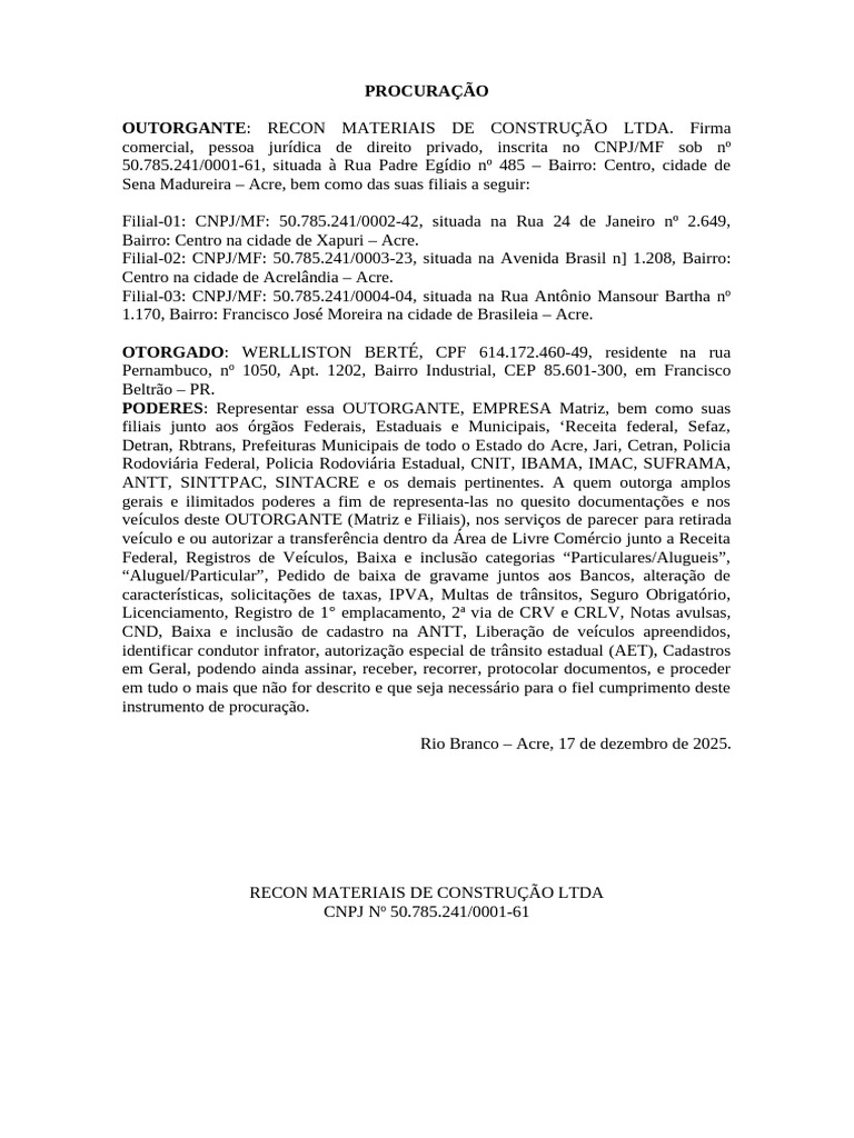 Procuração Empresa Recom Matriz para Berte 2025 12 | PDF
