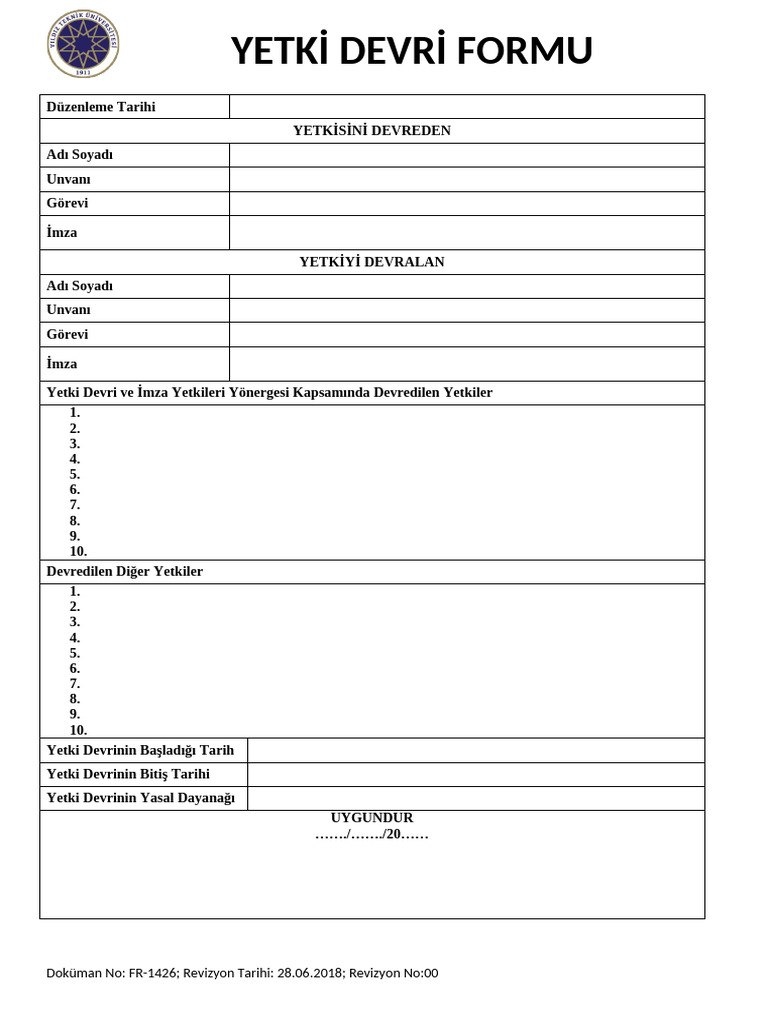 FR 1426 Yetki Devri Formu | PDF
