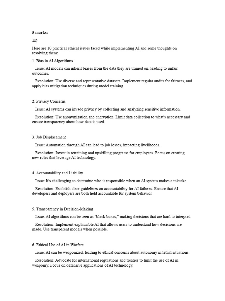 AI Ethics 5 and 10 Marks | PDF | Artificial Intelligence | Intelligence ...