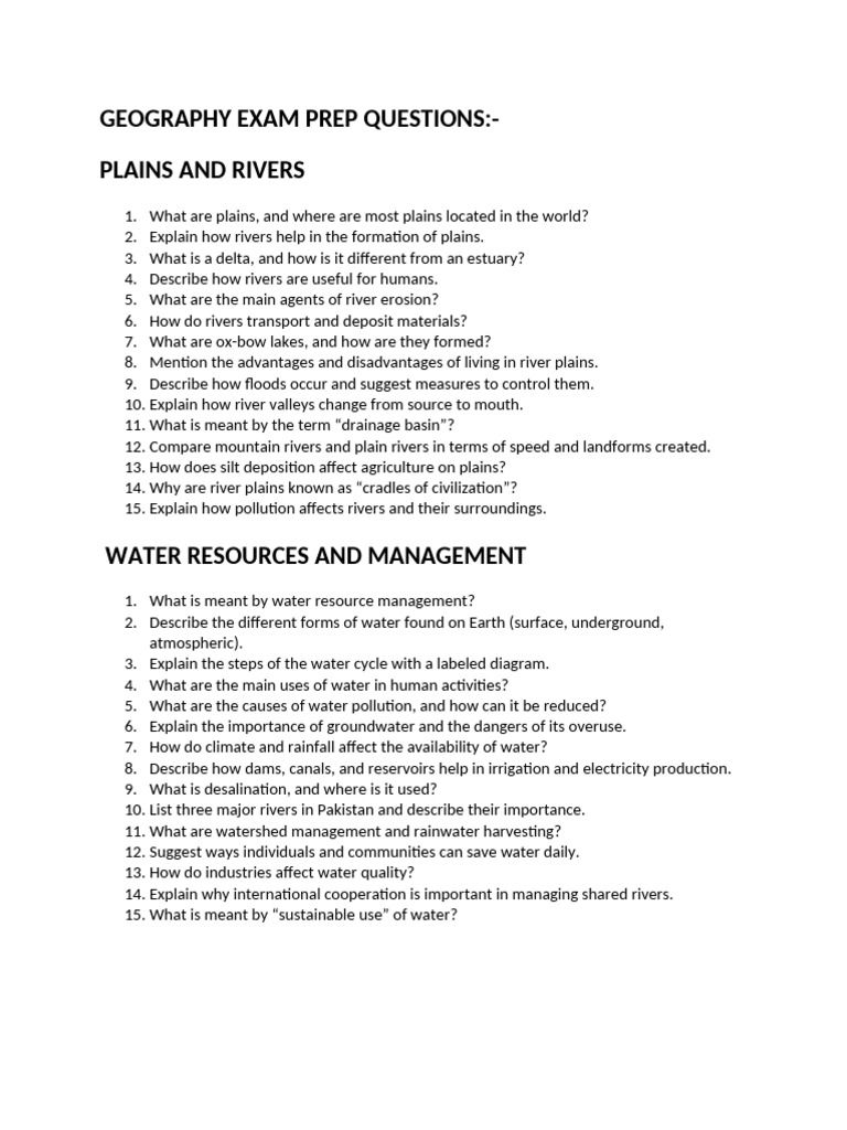 Geography Exam Prep Questions | PDF | River | Water