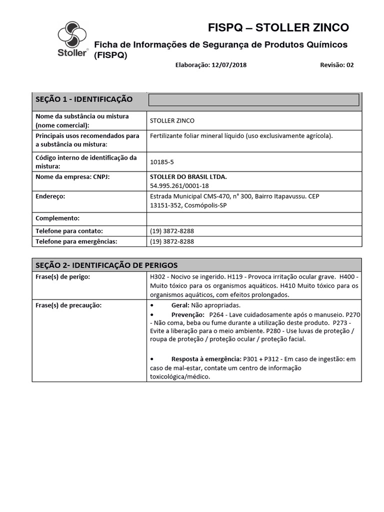 FISPQ - Stoller Zinco 2018 | PDF | Toxicidade | Vapor
