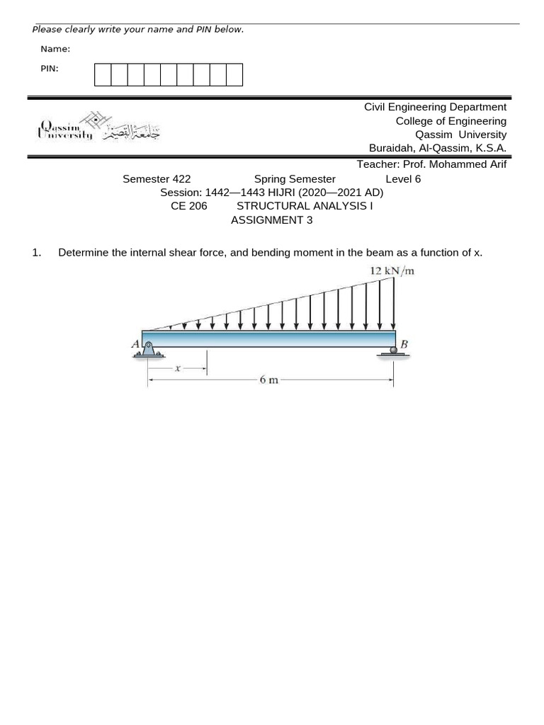 CE 206 Semester 422 Assignment 4 | PDF