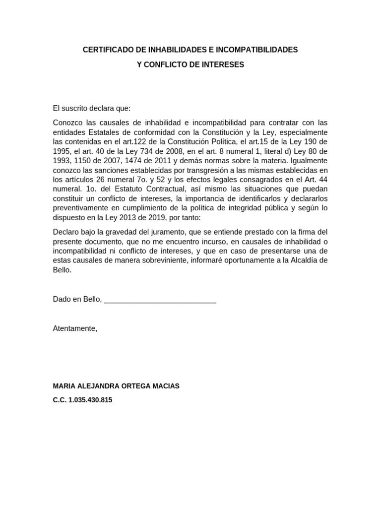 Cert. Inhabilidades Incompat Pers | PDF