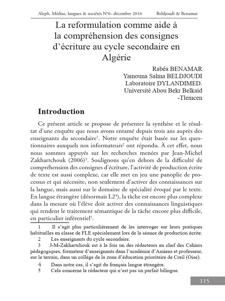 La Reformulation Comme Aide À La Compréhension Des Consignes D'écriture ...