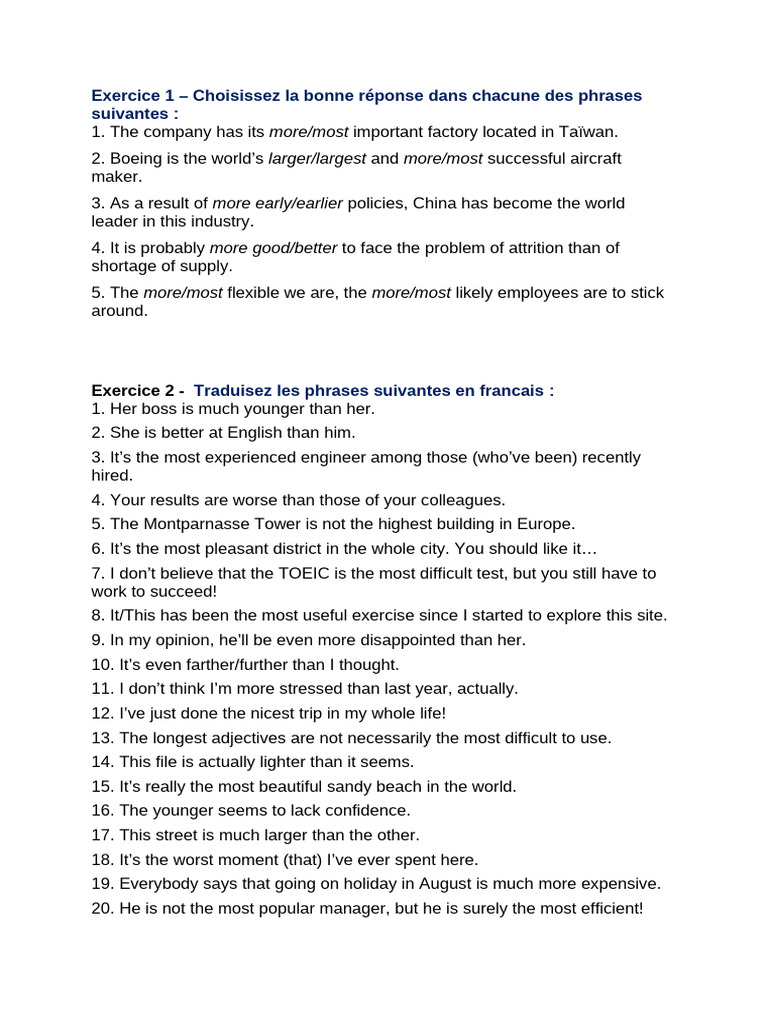 Exercise Comparatif Et Superlatif (A2) | PDF