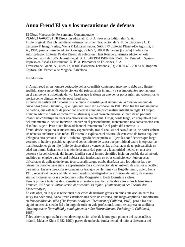 Anna Freud El Yo y Los Mecanismos de Defensa | PDF | Psicoanálisis ...