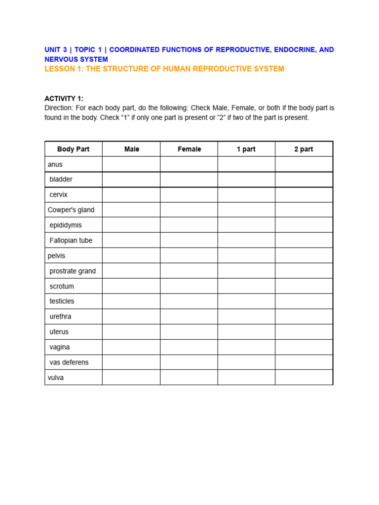 Lesson 1_the Structure of Human Reproductive System_activities (1) | PDF