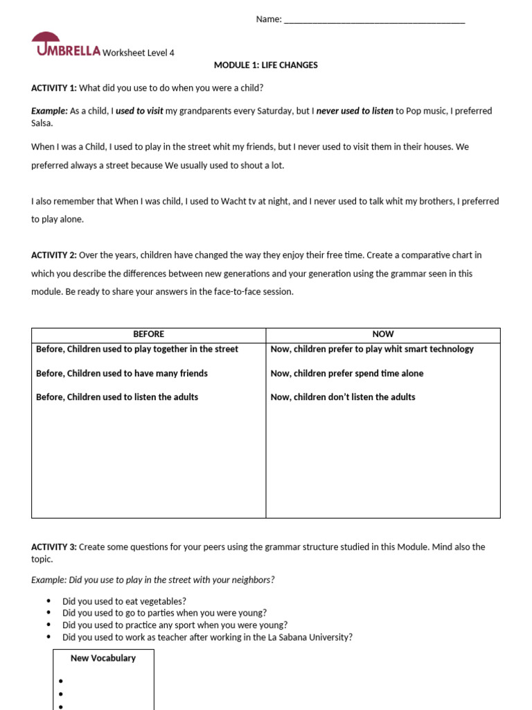 PUL4 Worksheet Module 1 Life Changes | PDF