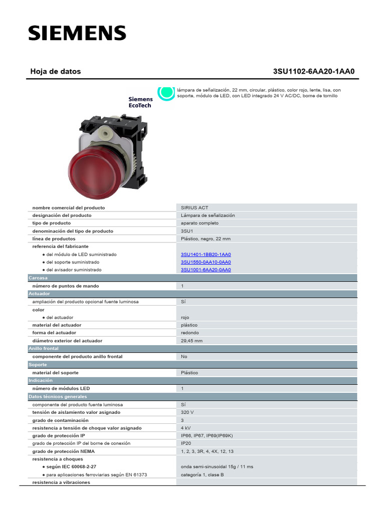 3SU11026AA201AA0 Datasheet Es | PDF | Diodo emisor de luz | Electricidad