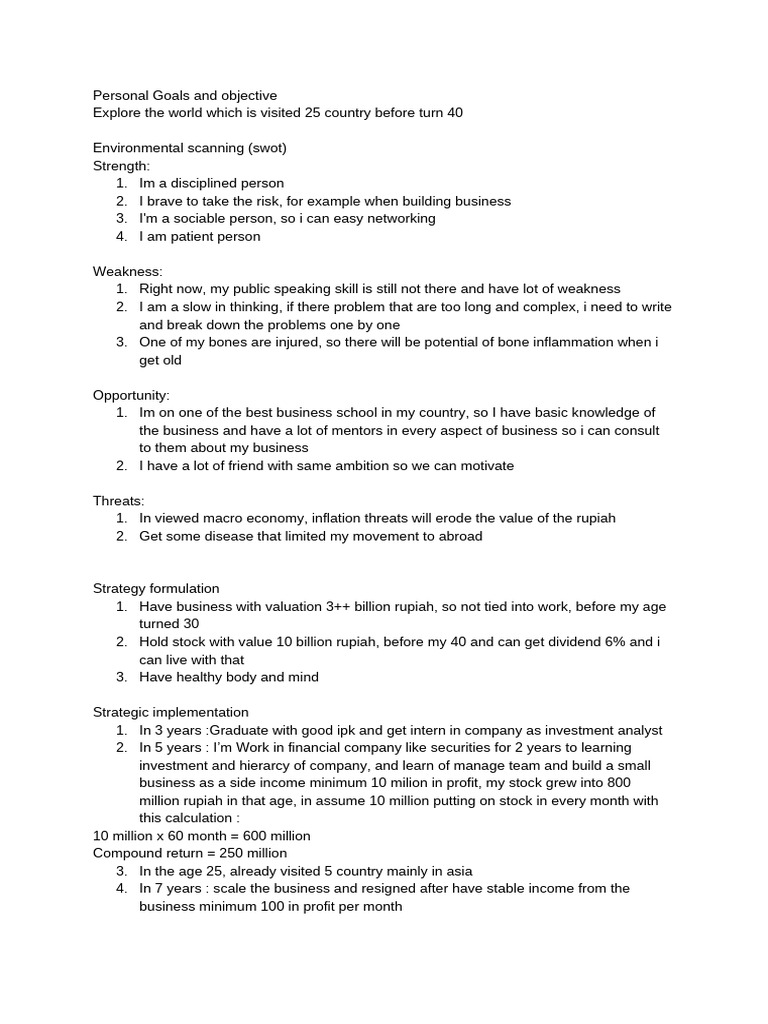 Personal Goals and Objectives | PDF