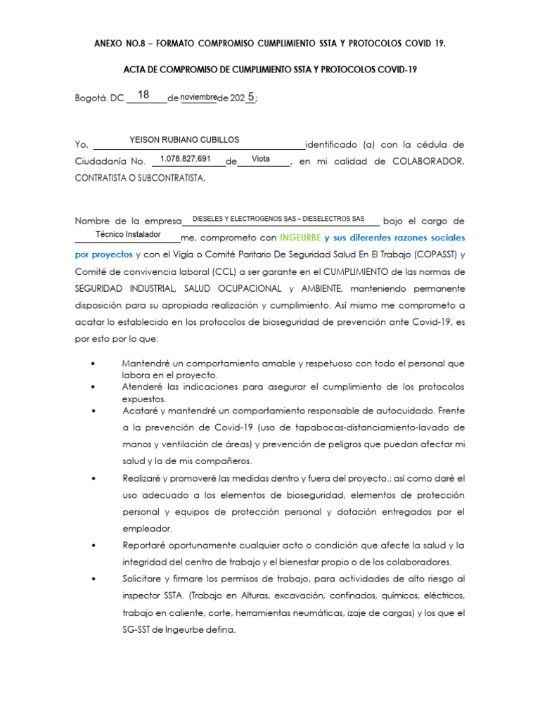 Anexo No.8 Formato Compromiso Cumplimiento Ssta y Protocolos Covid 19 ...