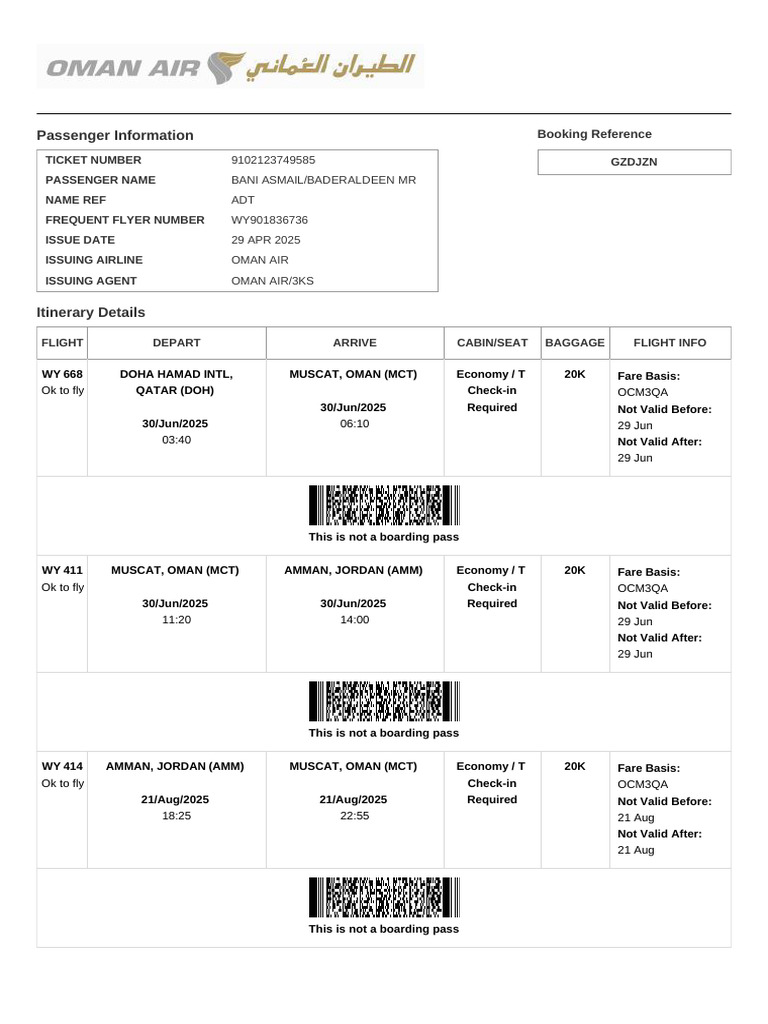 Electronic Ticket Receipt, 30 يونيو for MR BADERALDEEN BANI ASMAIL ...