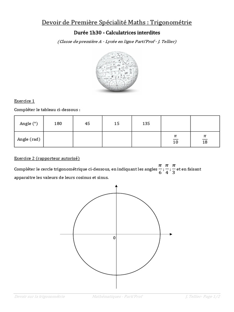 Devoir Trigonometrie 1ere Spe Maths PP JTellier PDF Fonction — free download