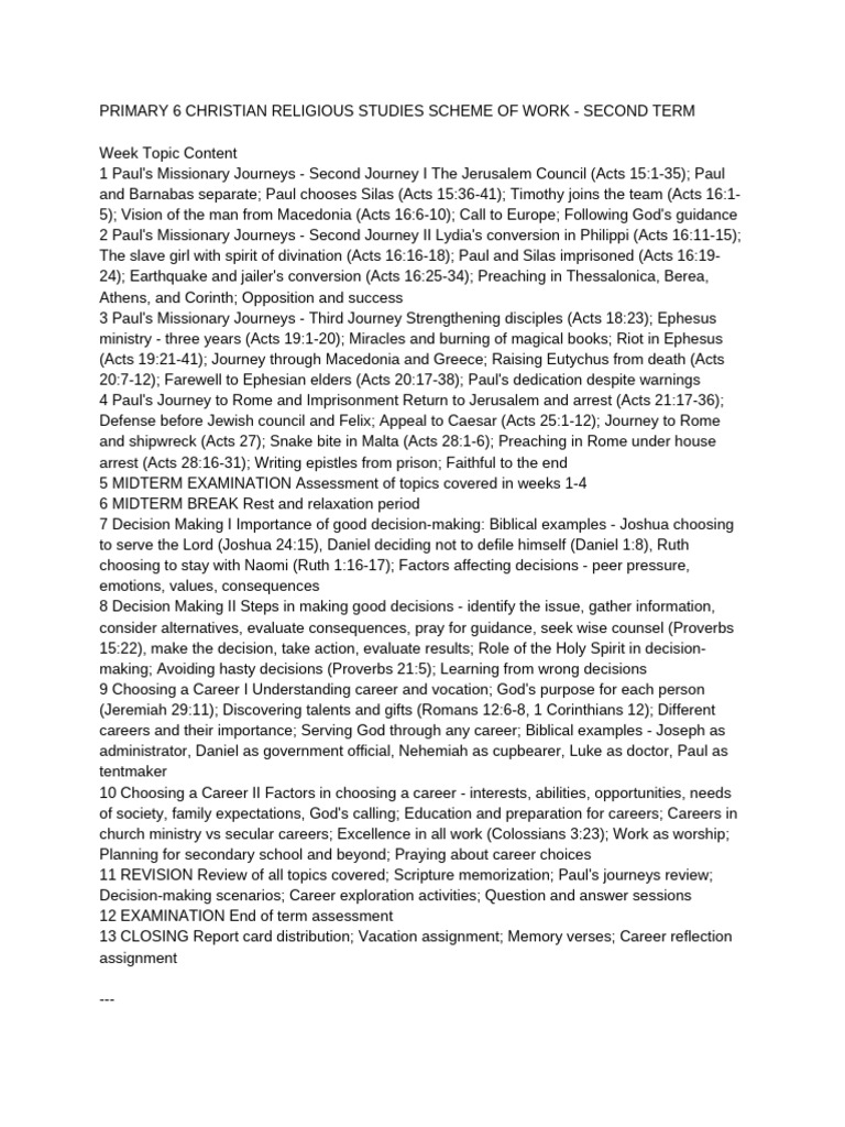 Primary 6 Christian Religious Studies Scheme of Work - Second Term ...