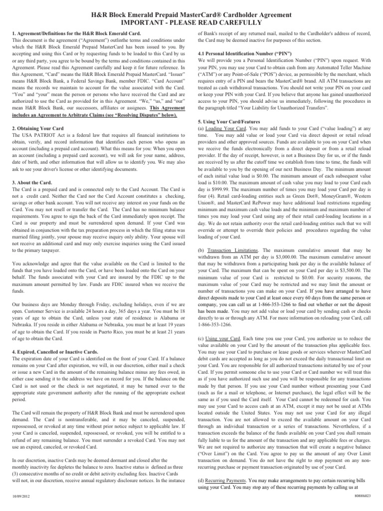 H& R Block Emerald Prepaid MasterCard® Cardholder Agreement ... | PDF ...