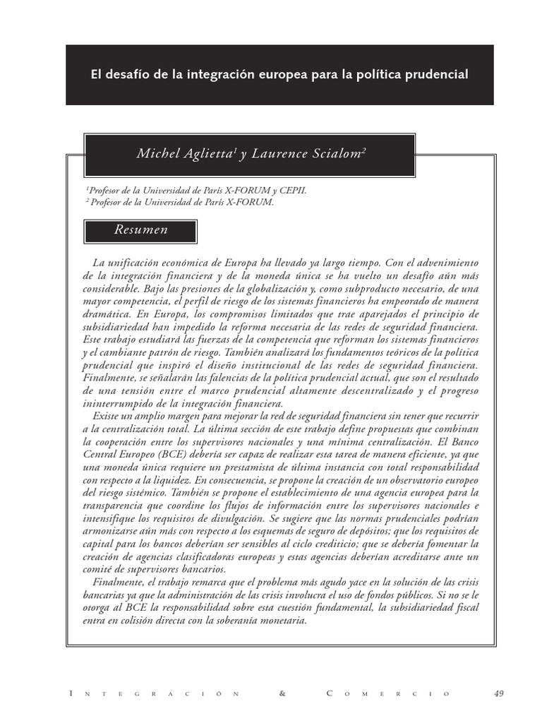 El Desafío de la Integración Europea para la Política Prudencial | PDF