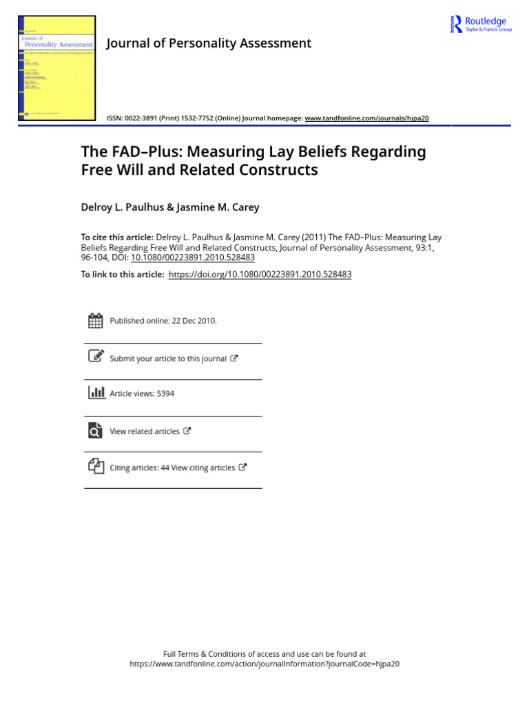 The FAD Plus Measuring Lay Beliefs Regarding Free Will and Related ...