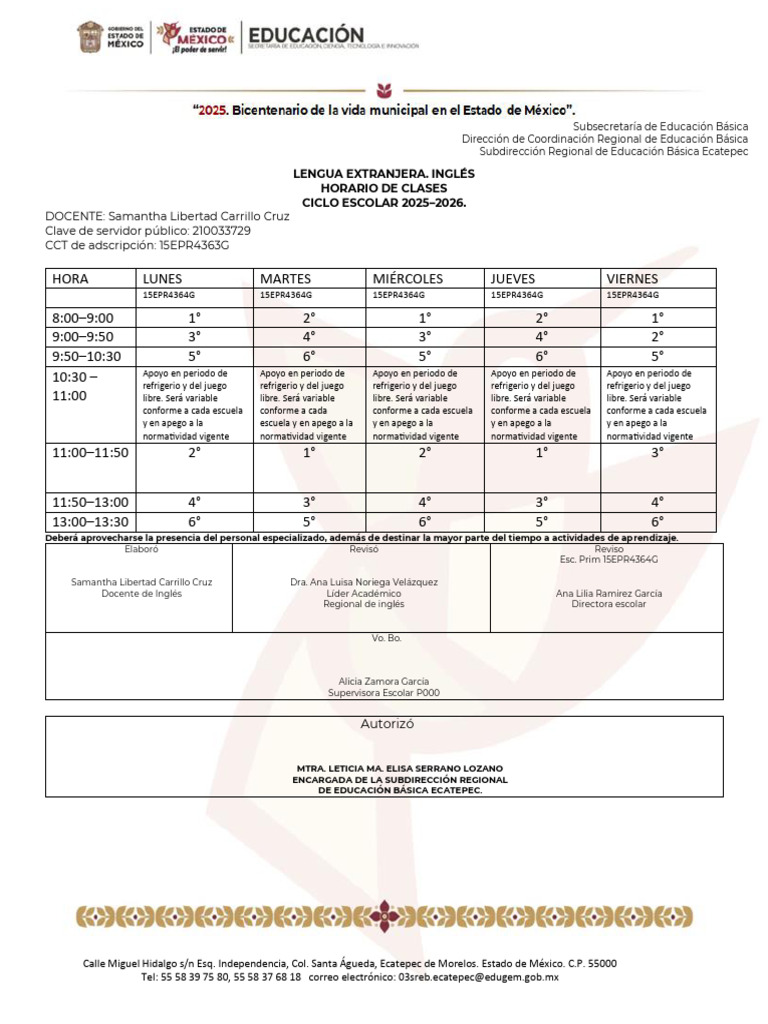 Anexo 1 Formato de Horario Primaria Inglés Sugerido | PDF