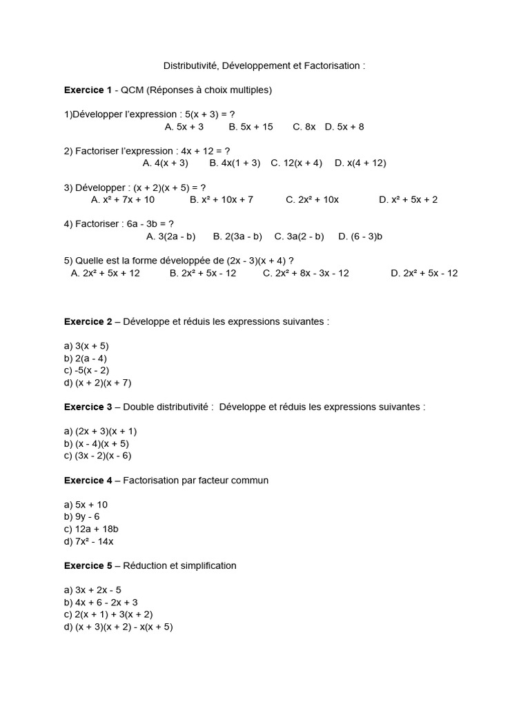 Exercices Distributivité | PDF
