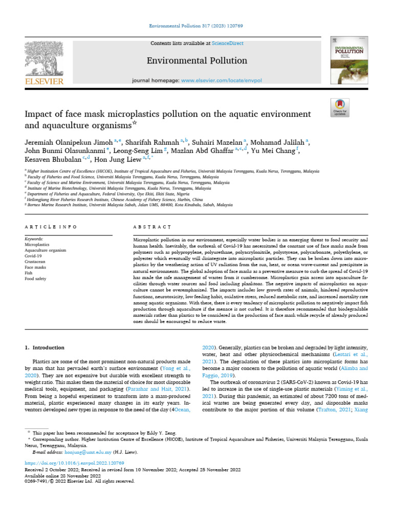Impact of Face Mask Microplastics Pollution on the Aquatic Environment ...