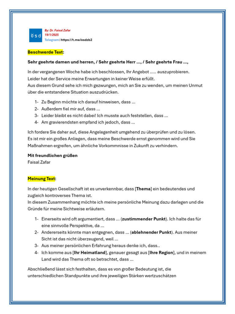 ÖSD B2 Schreiben Text (Aufgabe 1 Und 2) | PDF
