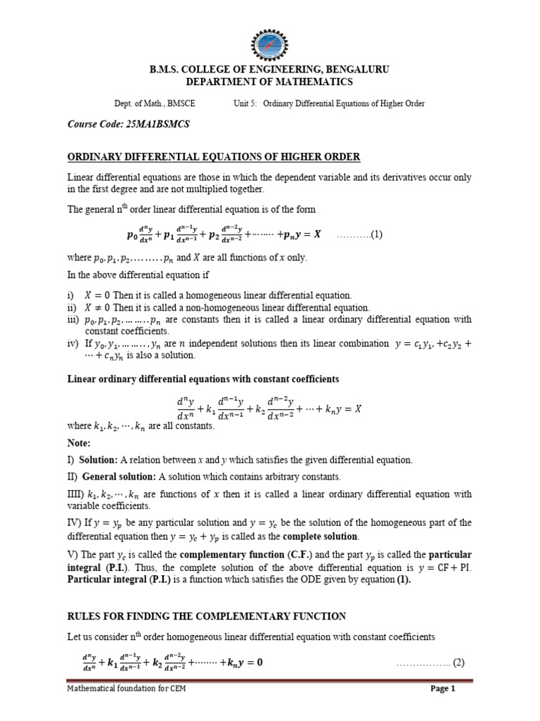 25MA1BSMCS - Unit 5 - Ordinary Differential Equations of Higher Order ...